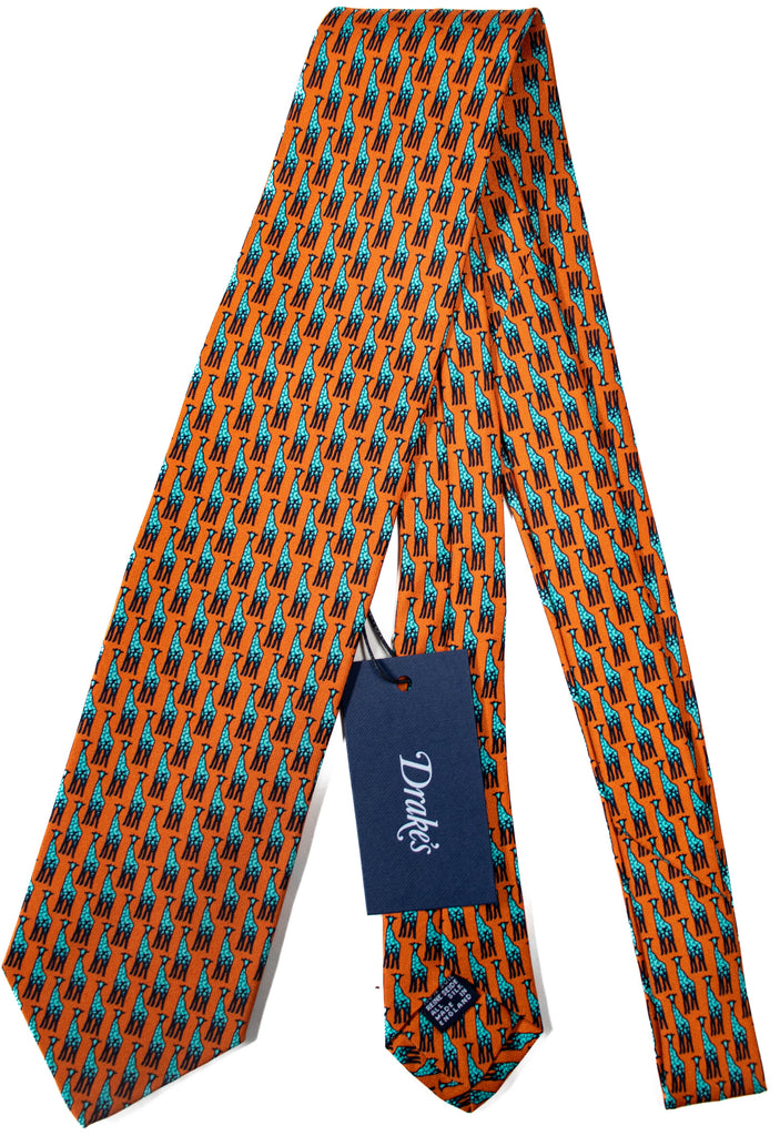 Drake's - Orange Silk Tie w/Teal Giraffe Print