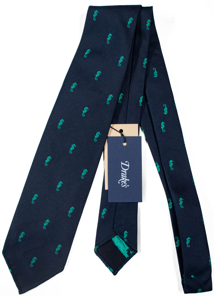 Drake's - Navy Grosgrain Silk Tie w/Seahorse Pattern
