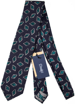 Drake's – Navy Silk Tie w/Teal & Silver Diamond Pattern