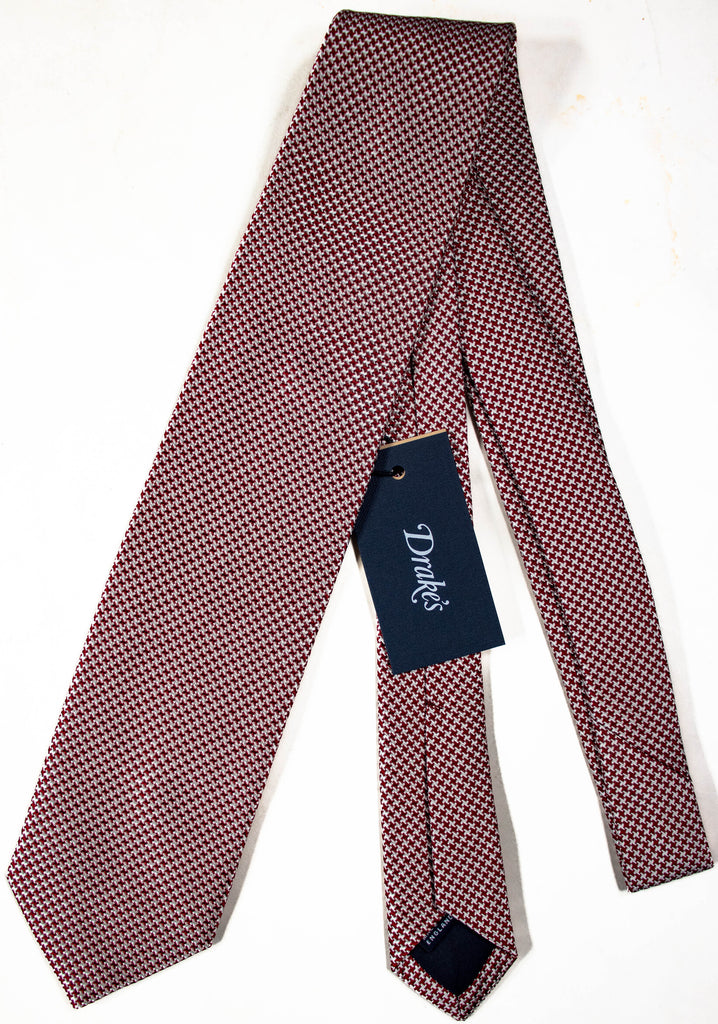 Drake's - Red & Silver Houndstooth Silk Tie