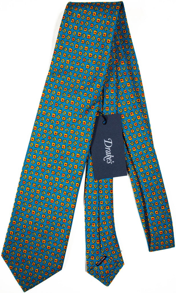 Drake's - Aquamarine Silk Tie w/Geometric Print