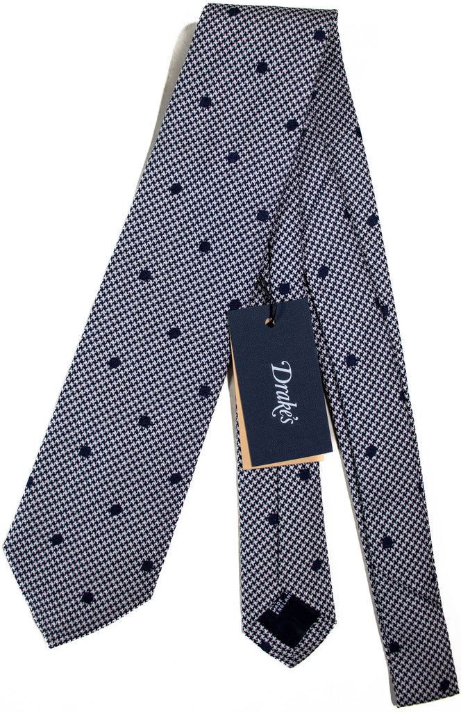 Drake's - Navy & Off-White Houndstooth Tie w/Dots
