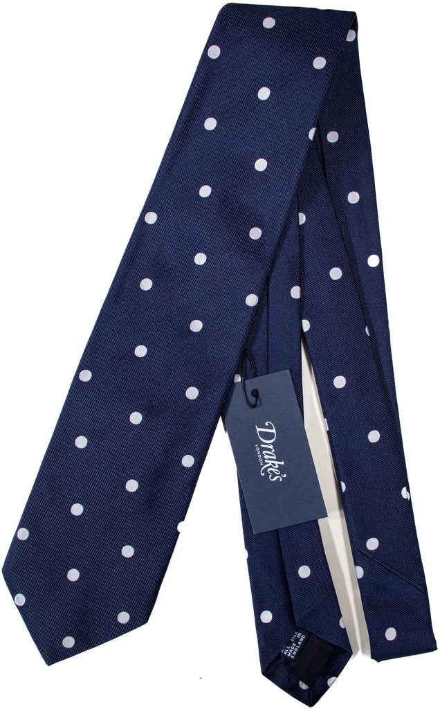 Drake's - Navy Grosgrain Silk Tie w/Polka Dots