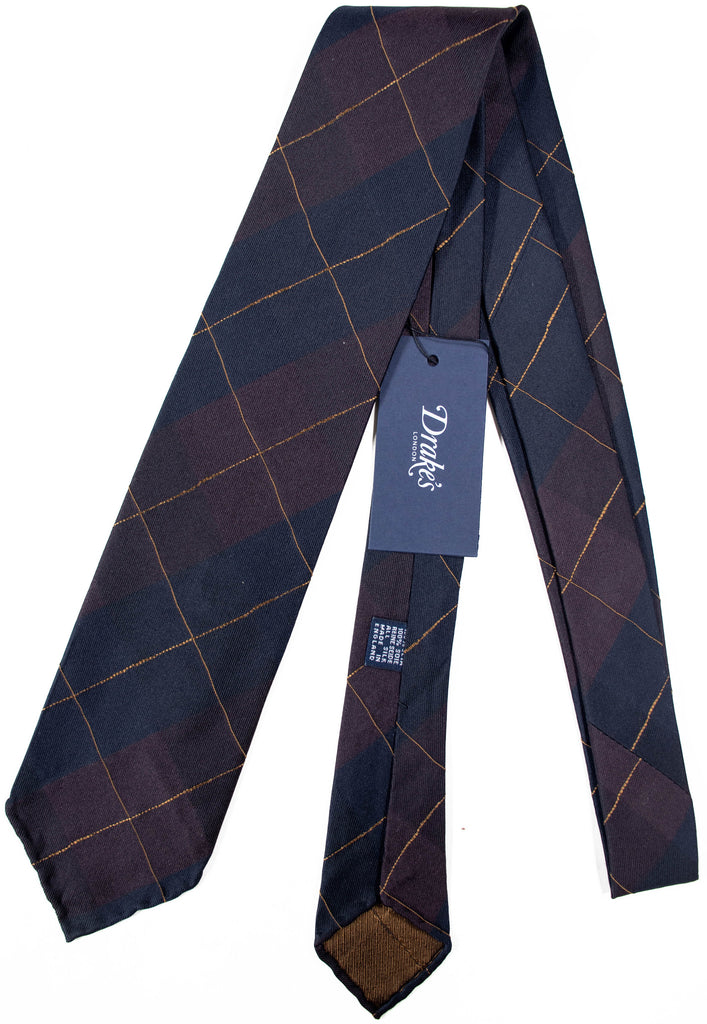 Drake's - Navy & Brown Silk Tie w/Gold Overcheck