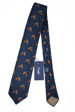 Drake's – Navy Silk Tie w/Horse Print