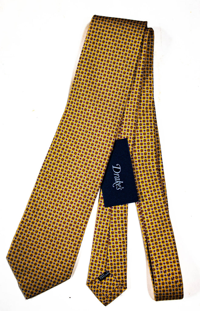 Drake's - Yellow Silk Tie w/Red & White Ancient Madder Print