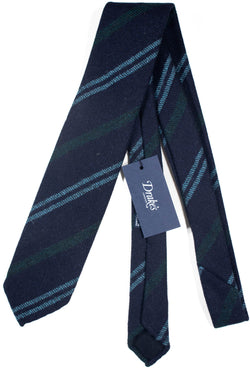 Drake's - Navy Wool Tie w/Green & Blue Repp Stripe