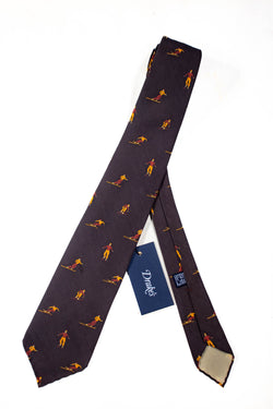 Drake's - Brown Silk Tie w/ Red and Orange Ski Print