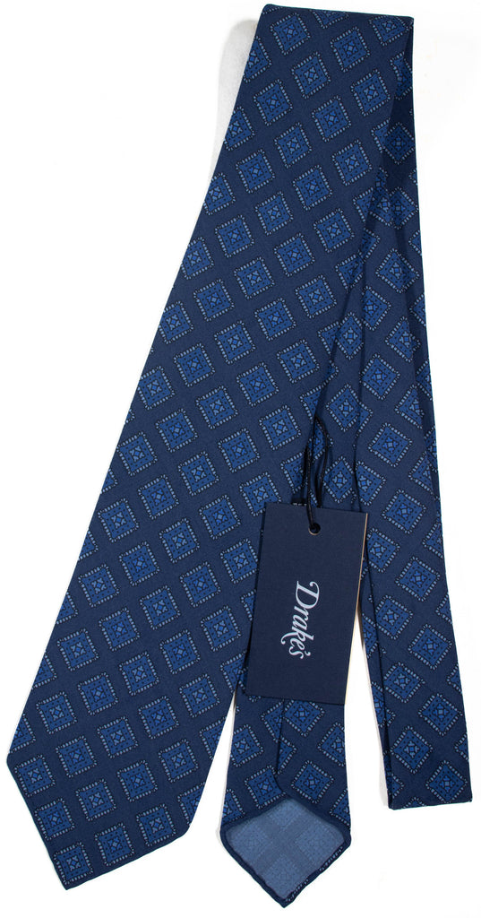 Drake's - Dark Blue Silk Tie w/Ancient Madder Print