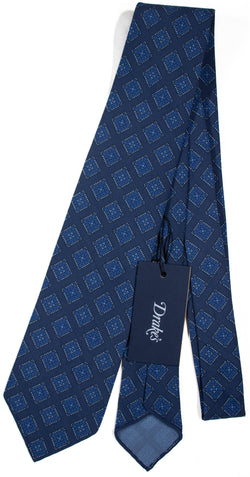 Drake's - Dark Blue Silk Tie w/Ancient Madder Print