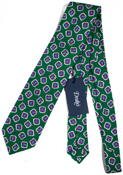 Drake's - Green Silk Tie w/Fuchsia Floral Print