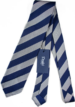 Drake's - Blue & Silver Repp Stripe Patterned Tie