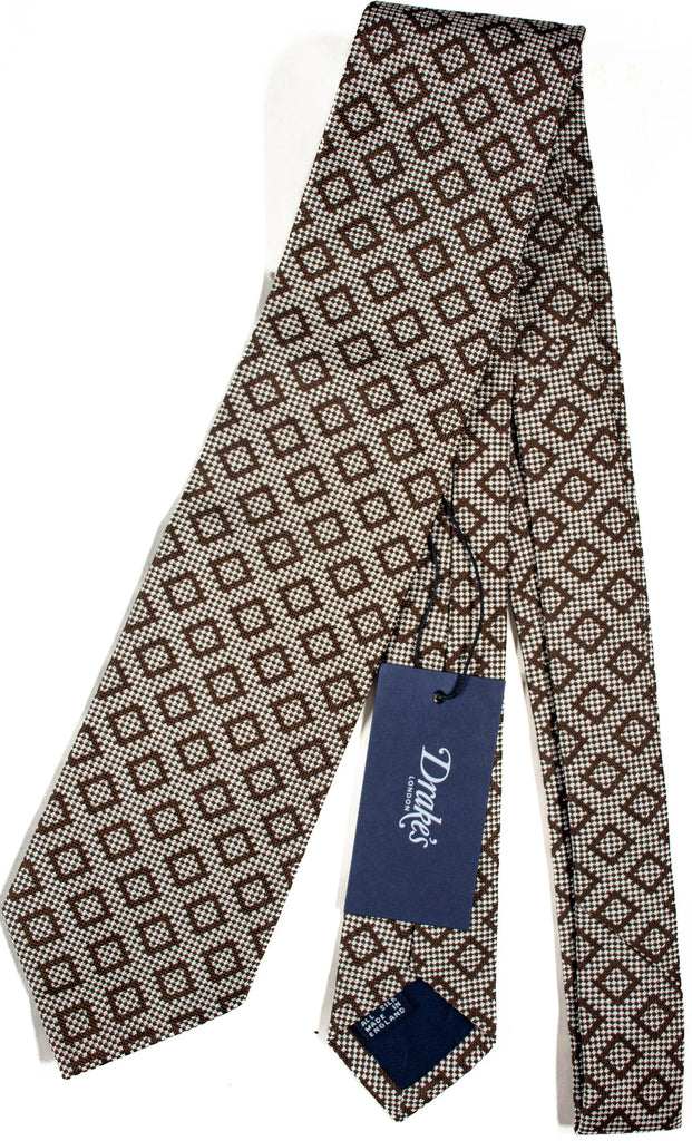 Drake's - Brown & Silver Diamond/Jacquard Pattern Tie