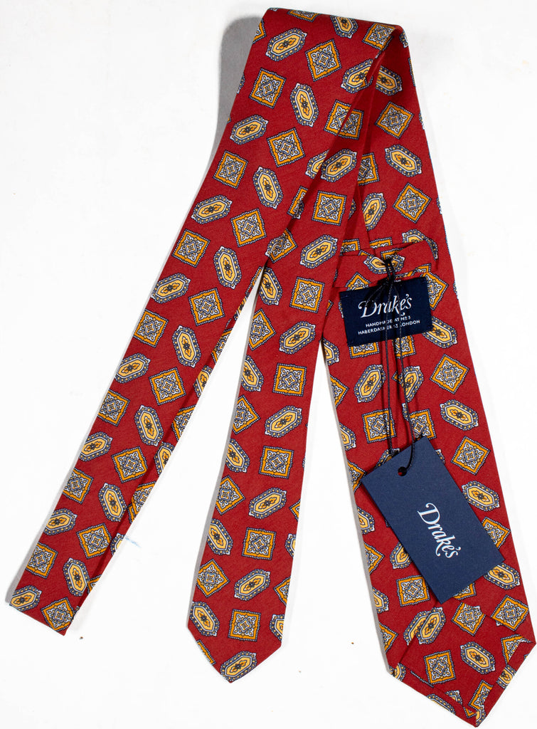 Drake's - Red Silk Tie w/Ancient Madder Print – PEURIST