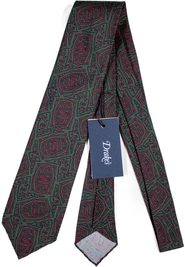 Drake's - Green Silk Tie w/Brown Tribal Print