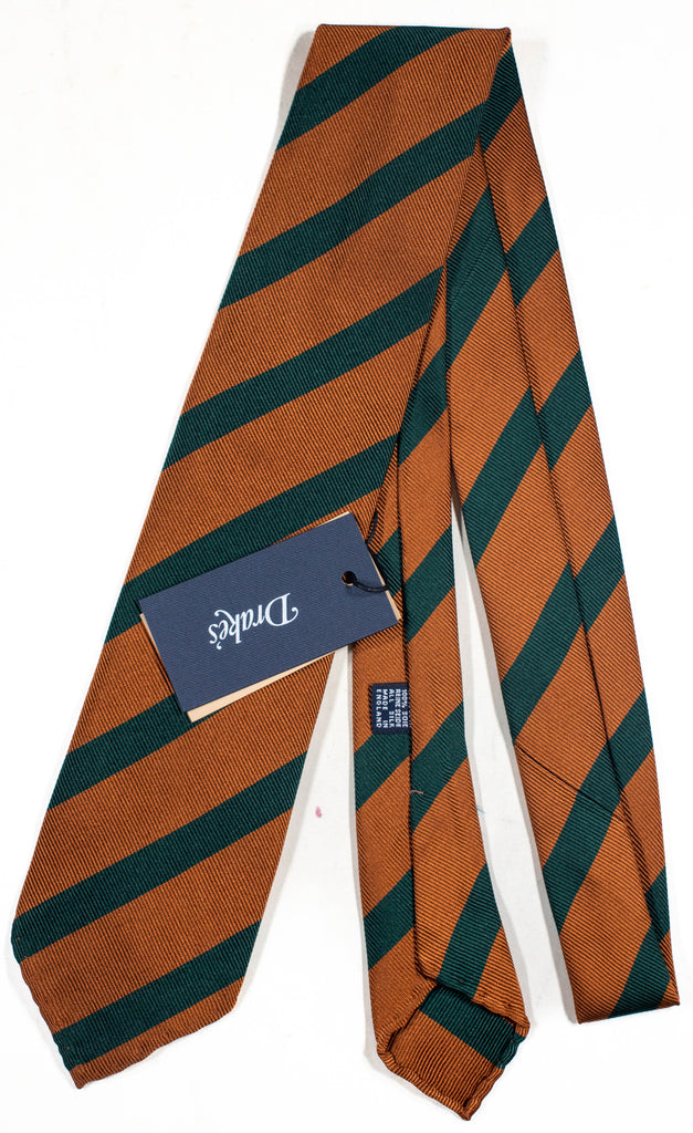 Drake's - Orange Grosgrain Silk Tie w/Green Stripe
