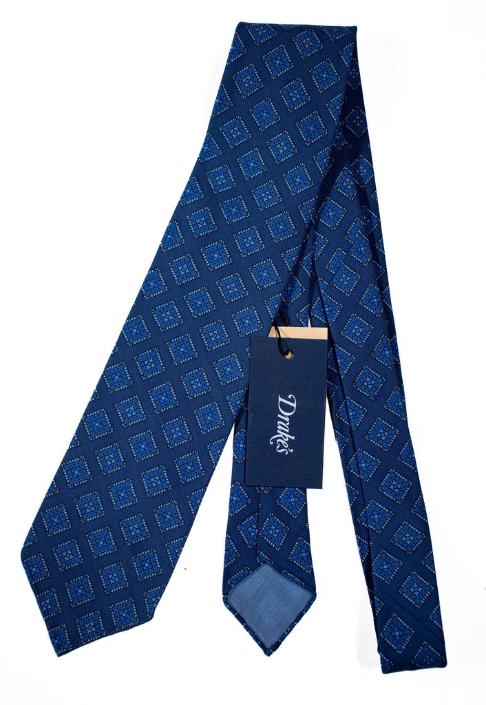 Drake's - Dark Blue Silk Tie w/Diamond Print