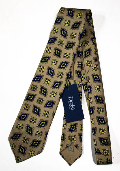 Drake's - Beige Silk Tie w/Ancient Madder Print