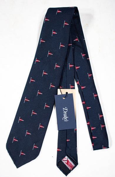 Drake's - Navy Grosgrain Silk Tie w/Pennant Pattern