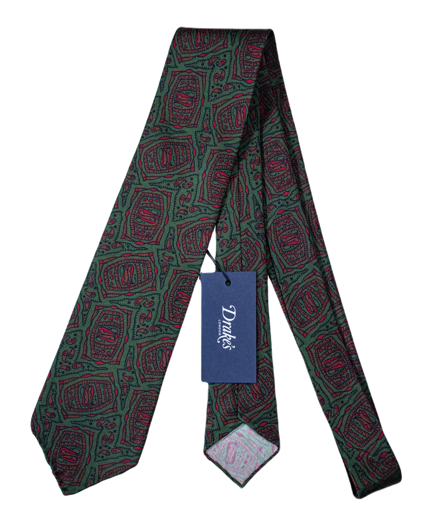 Drake's - Green Silk Tie w/Red & Brown Madder Print