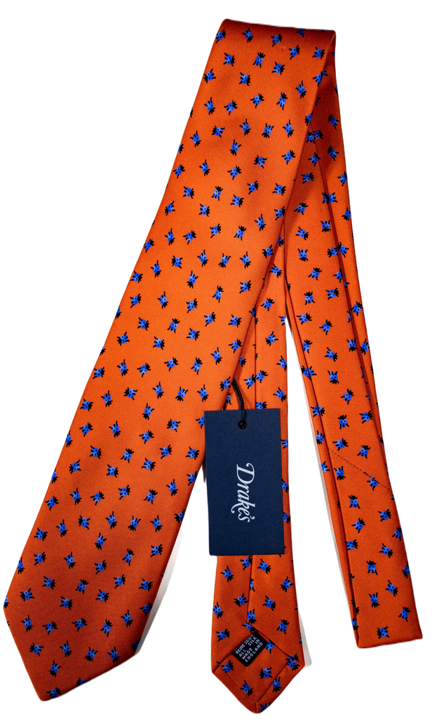Drake's - Orange Silk Tie w/Blue Ladybug Print