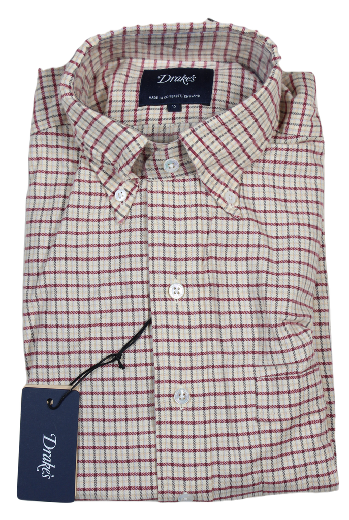 Drake's – Cream, Red & Gray Tattersall Check Cotton Shirt