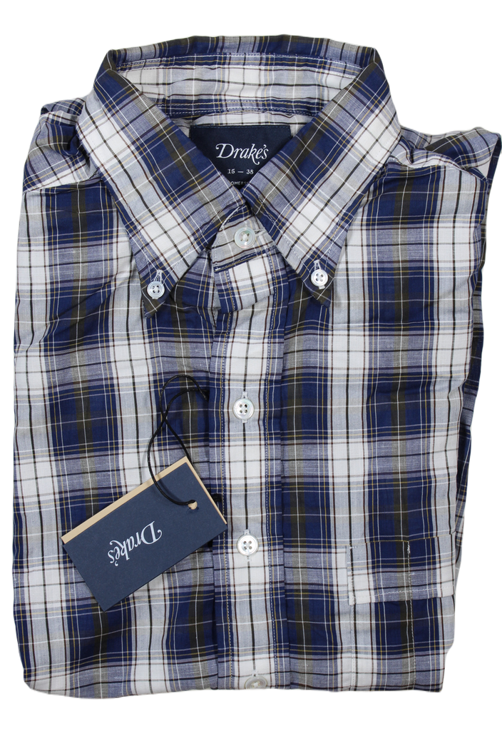 Drake's – Cotton/Linen Blue Plaid Shirt w/Button Down Collar