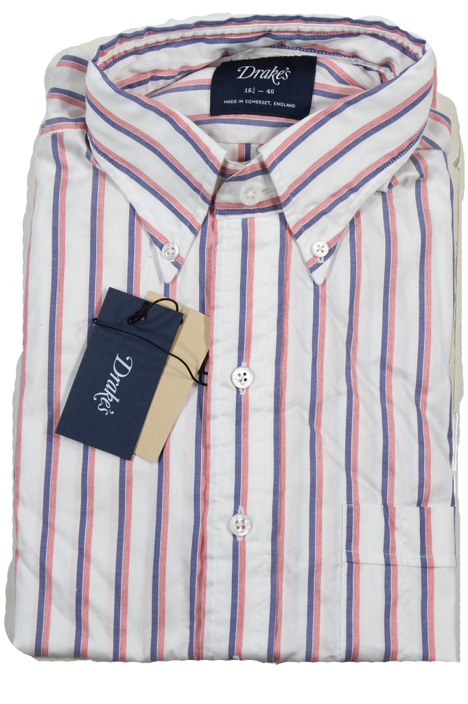 Drake's – Blue & Red Stripe OCBD Oxford Shirt