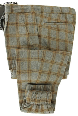 Vigano - Gray & Brown Plaid Flannel Wool Drawstring Pants w/Elastic Leg - PEURIST
