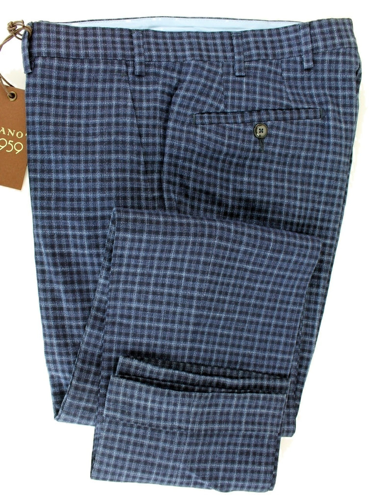 Vigano - Navy & Blue Plaid Wool & Linen Pants - PEURIST
