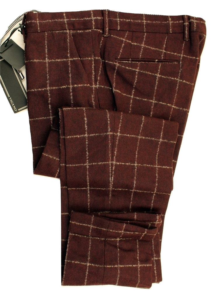 Vigano – Burgundy Wool Flannel Pants w/Gray Windowpane - PEURIST