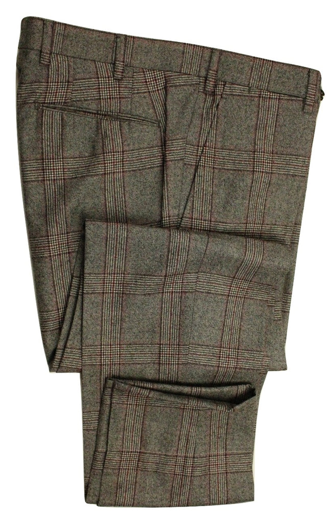 Vigano – Dark Gray Wool Flannel Pants w/Berry POW Check - PEURIST