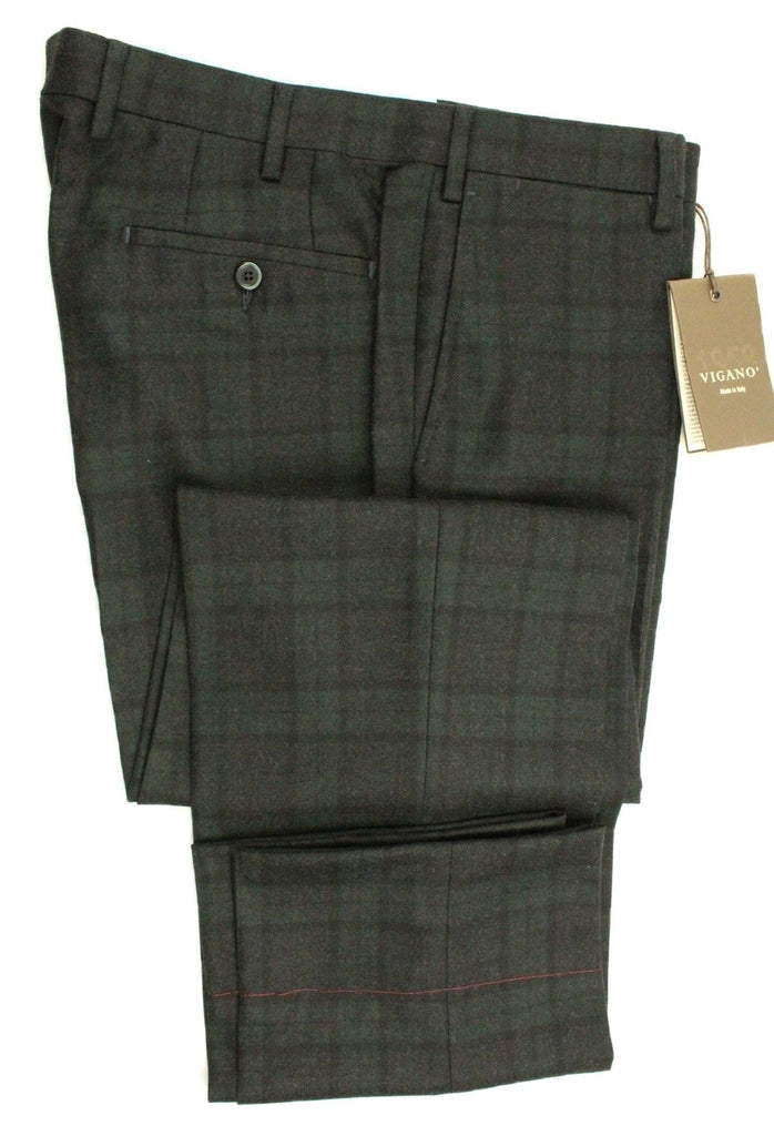 Vigano – Charcoal & Dark Green Black Watch Plaid Wool Flannel Pants - PEURIST