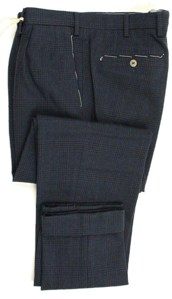 Vigano – Dark Blue Wool/Cotton Tweed-Style Pants w/POW Pattern, Pleated - PEURIST