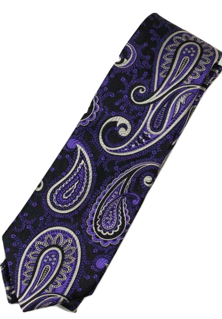 Paul Stuart – Black Silk Tie w/Purple & Silver Paisley Pattern - PEURIST