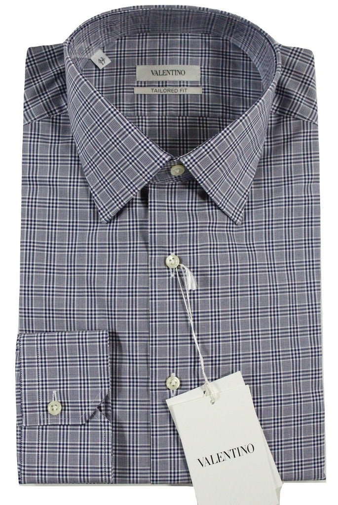 Valentino – Navy & White Plaid Shirt w/Semi-Spread Collar - PEURIST
