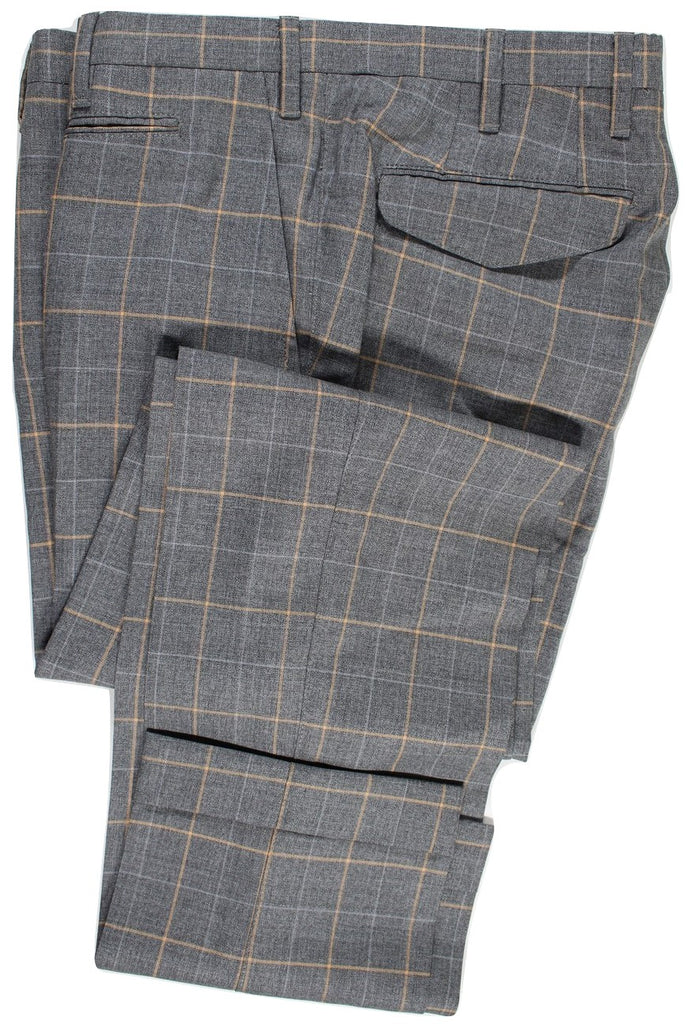 Vigano – Gray Lightweight Wool Pants w/Ochre Windowpane - PEURIST