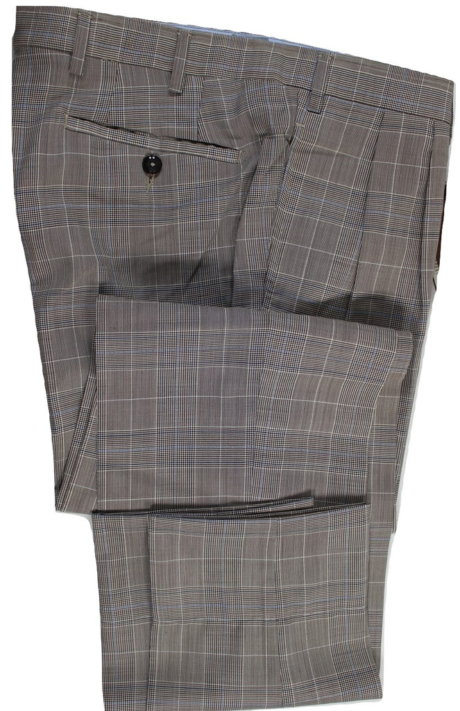 Vigano – Light Brown & Blue Prince of Wales Wool Pants w/Double Pleat - PEURIST