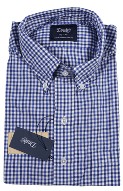 Drake's – Blue Gingham Cotton/Linen Shirt w/BD Collar