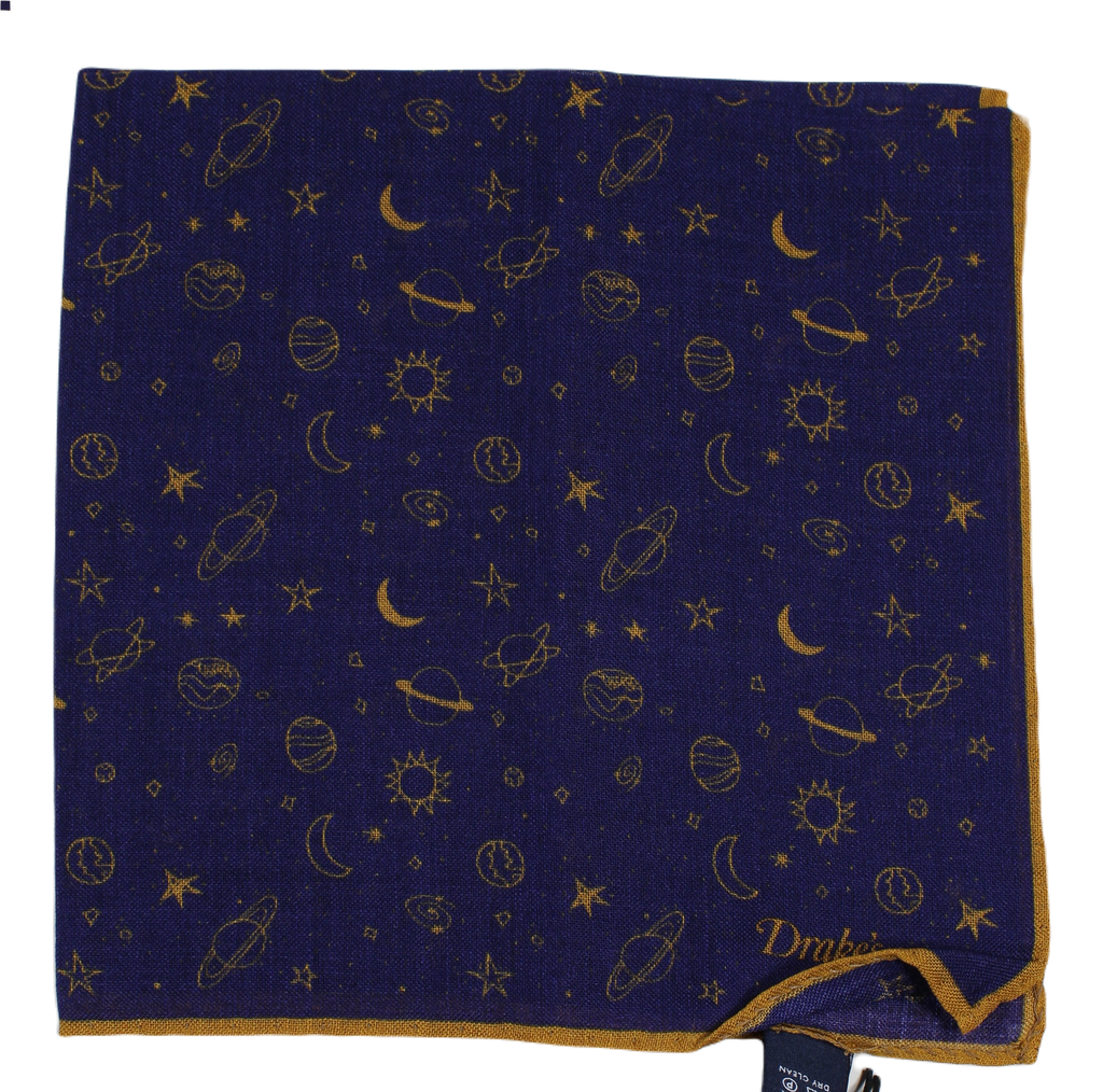 Drake's – Navy & Mustard Wool/Silk Pocket Square w/Space Print