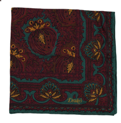 Drake's – Teal & Fuchsia Paisley Print Wool/Silk Pocket Square
