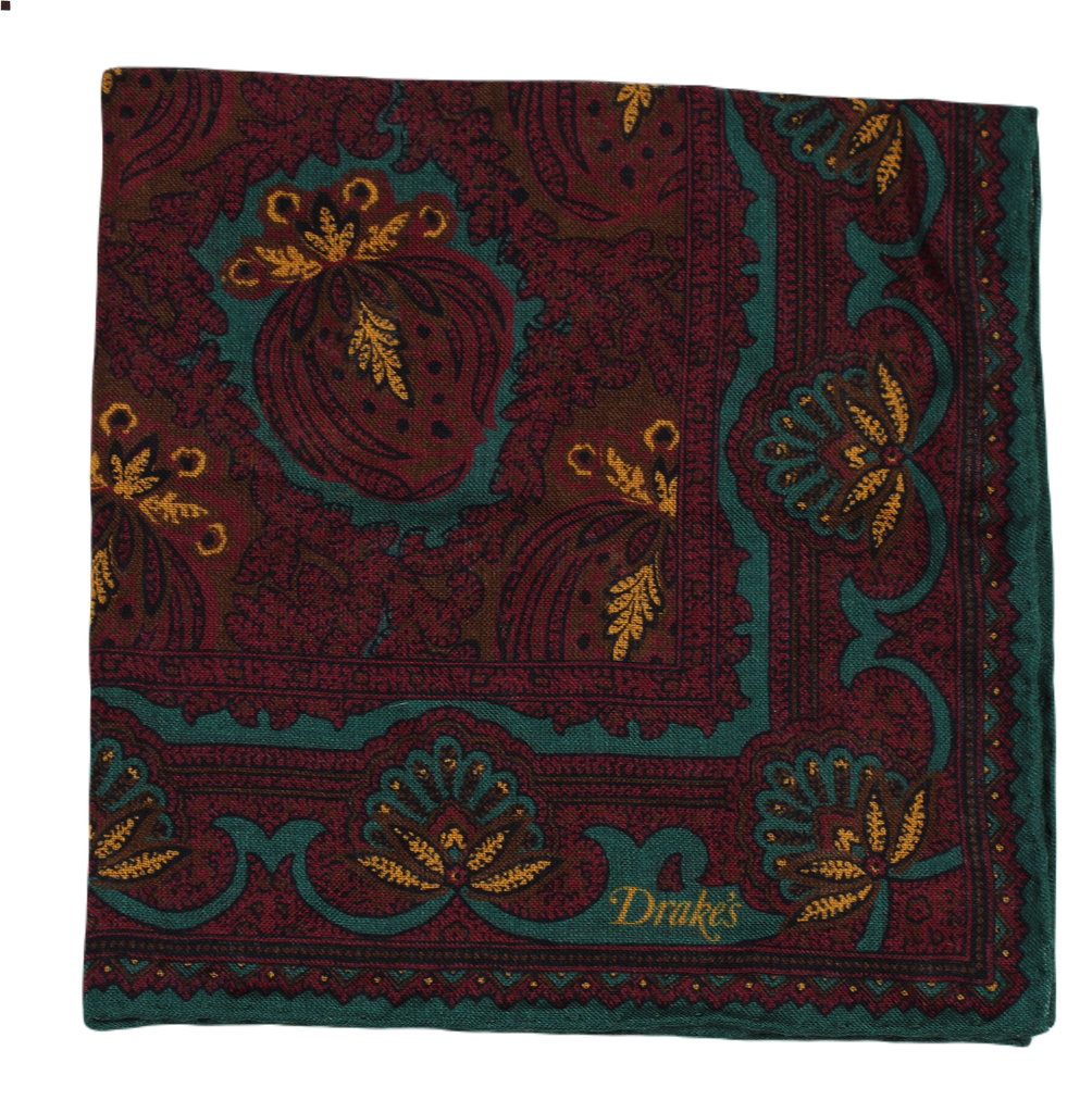 Drake's – Teal & Fuchsia Paisley Print Wool/Silk Pocket Square (NWOT)