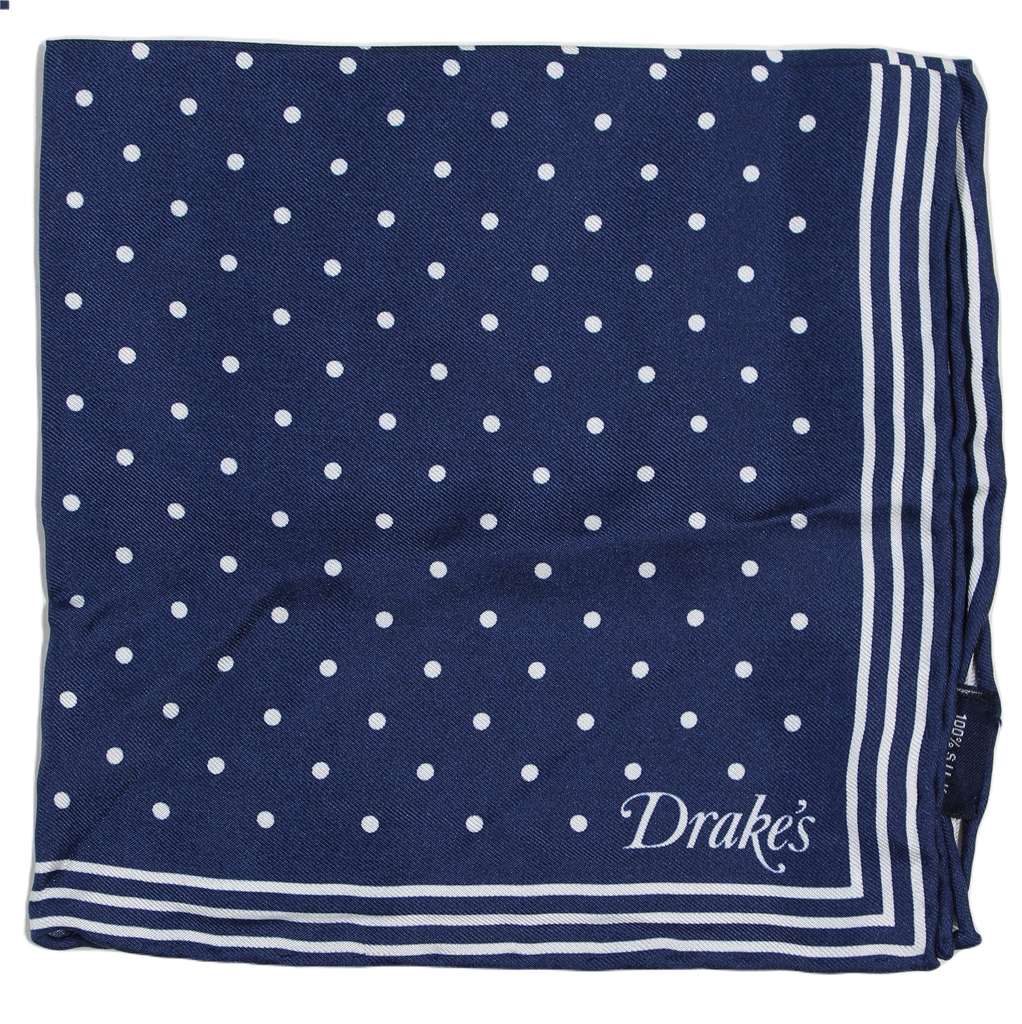 Drake's – Navy Silk Pocket Square w/Polka Dot Pattern (NWOT)
