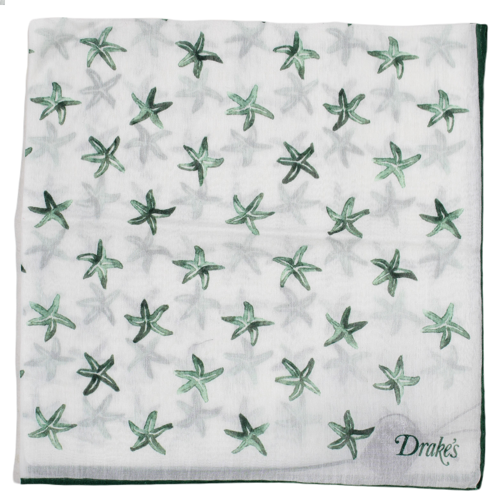 Drake's – Off-White Pocket Square w/Green Starfish Print