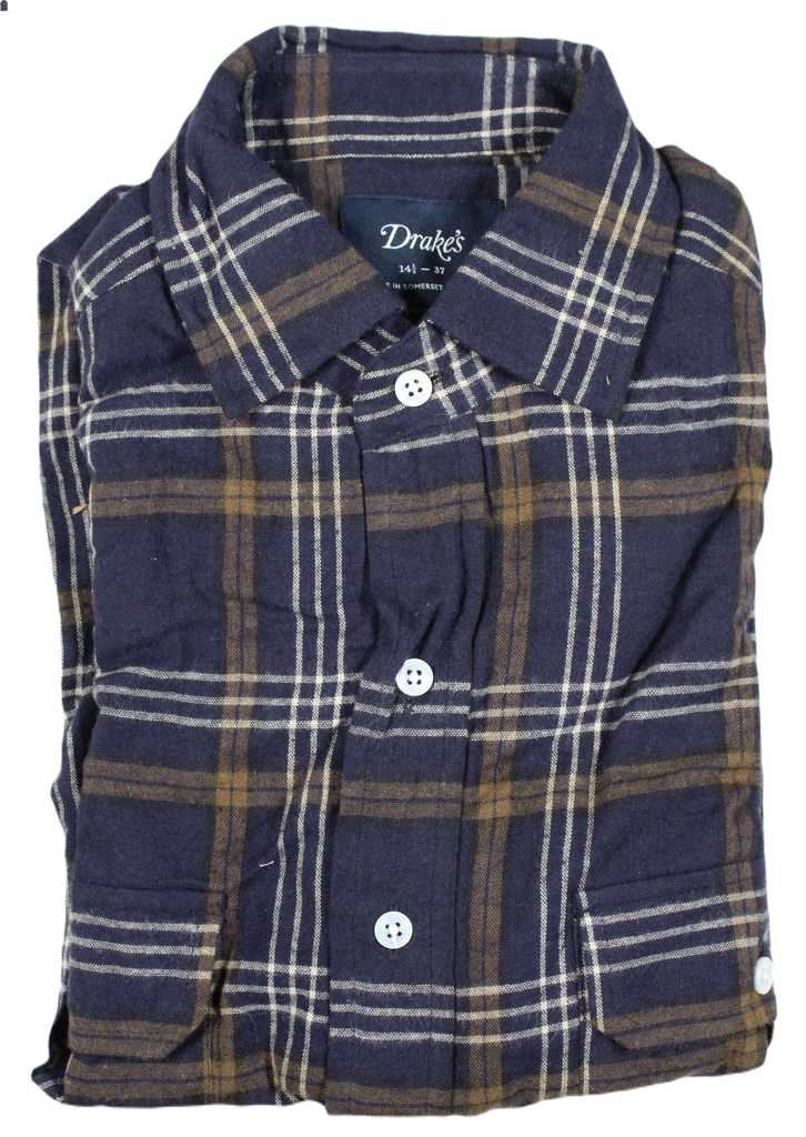 Drake's – Navy Plaid Cotton/Linen Washed Utility Shirt