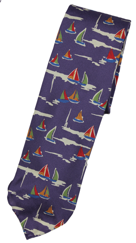 Drake's – Purple Silk Tie w/Sailboat Print