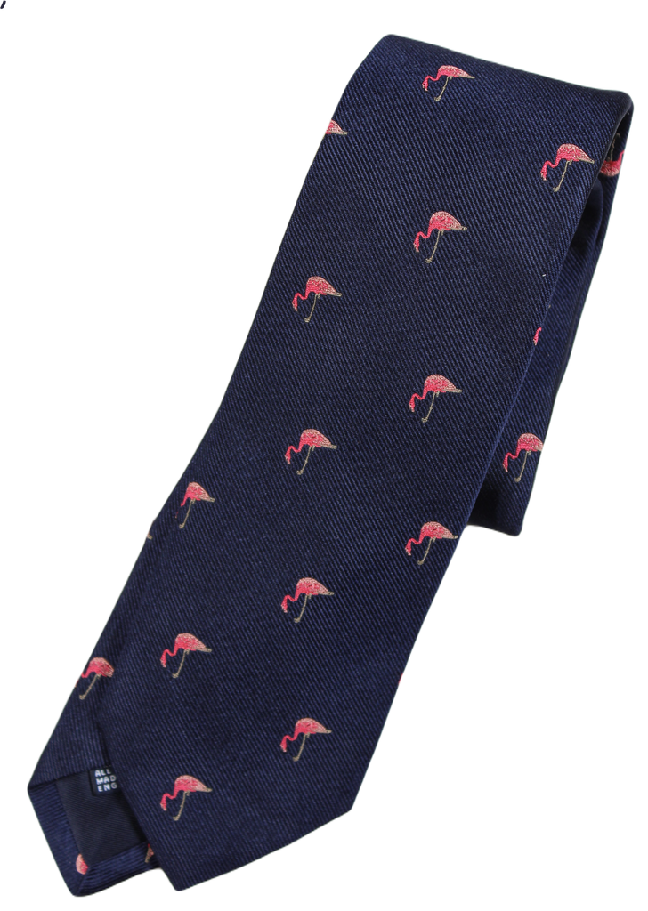 Drake's – Navy Silk Tie w/Flamingos