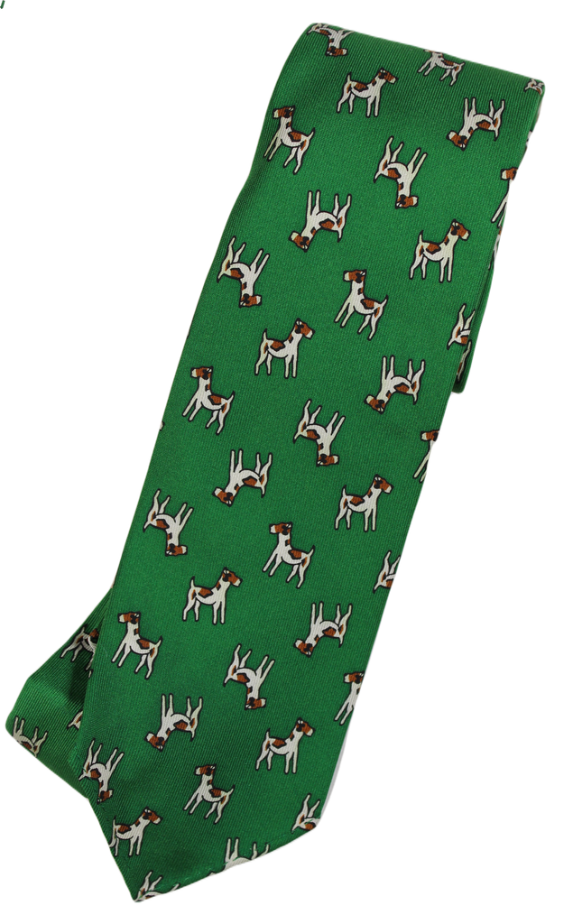 Drake's – Green Silk Tie w/Dog Print