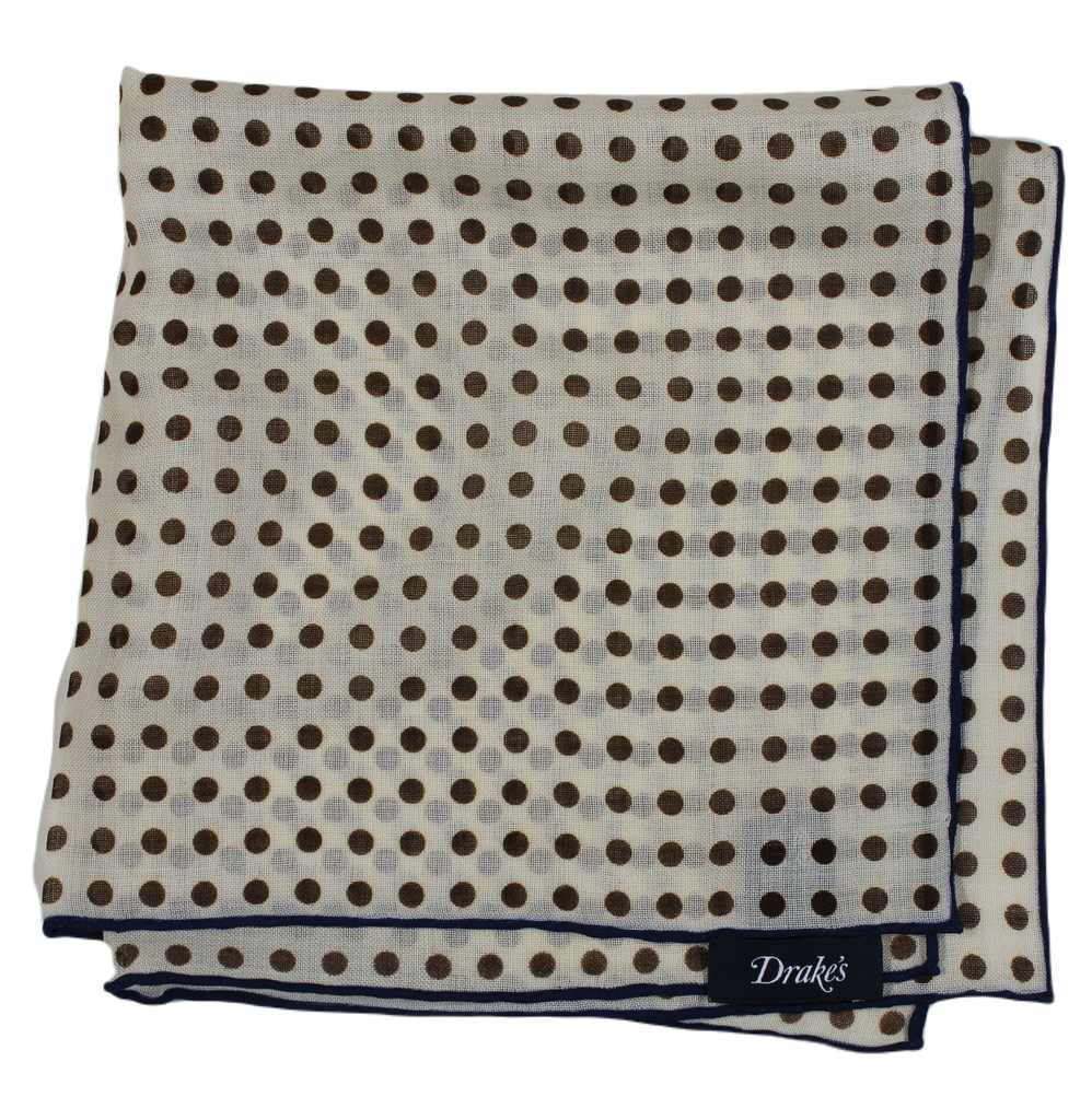 Drake's – Brown Polka Dot Wool/Silk Pocket Square (Navy Border)