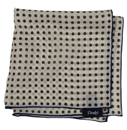 Drake's – Brown Polka Dot Wool/Silk Pocket Square (Navy Border)
